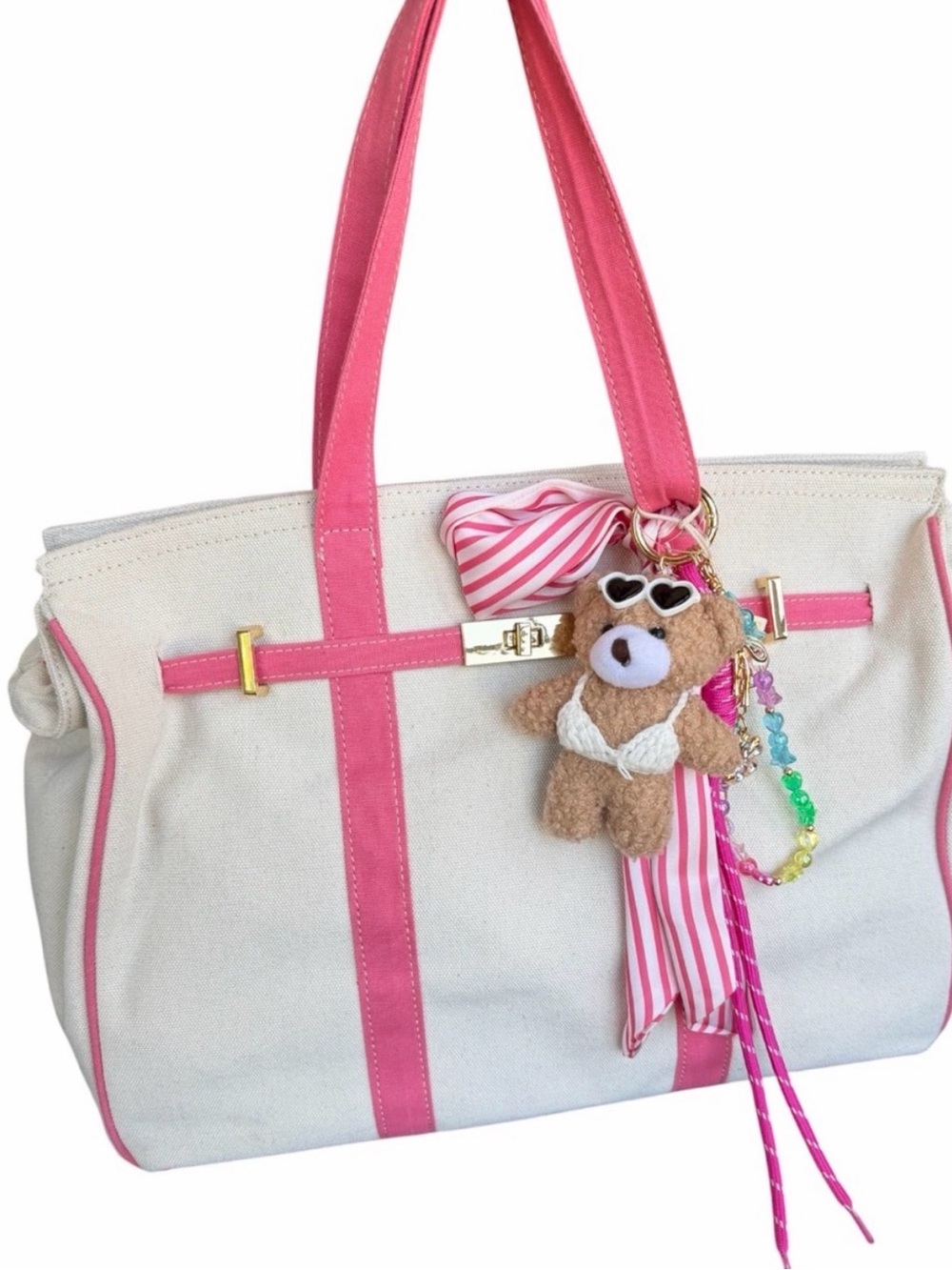 Boatkin Sol and Mer Canvas Tote Bag with Pink Trim and Charm